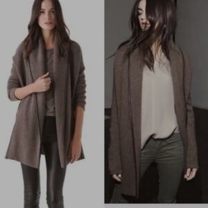 Vince Brown Wool Alpaca Cashmere Leather Trim Blanket Open Cardigan Sweater